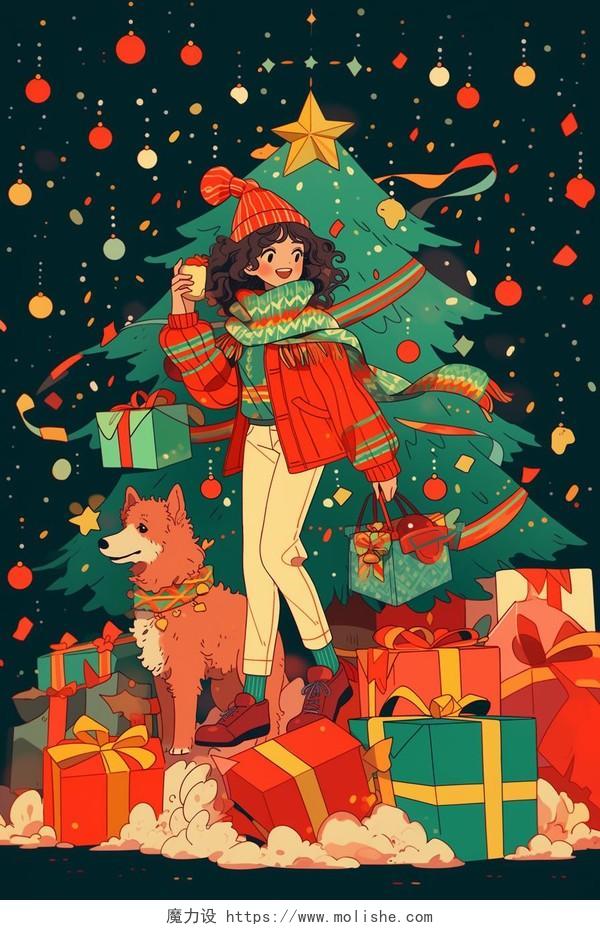 复古卡通女孩和狗站在圣诞树前礼物盒圣诞节双旦AI插画